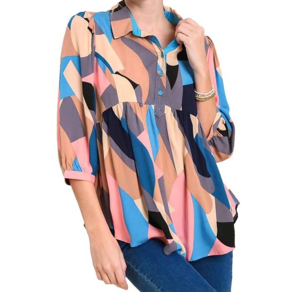 Umgee Plus Abstract Print 3/4 Puff Sleeve Button Up Collared BabyDoll Top
